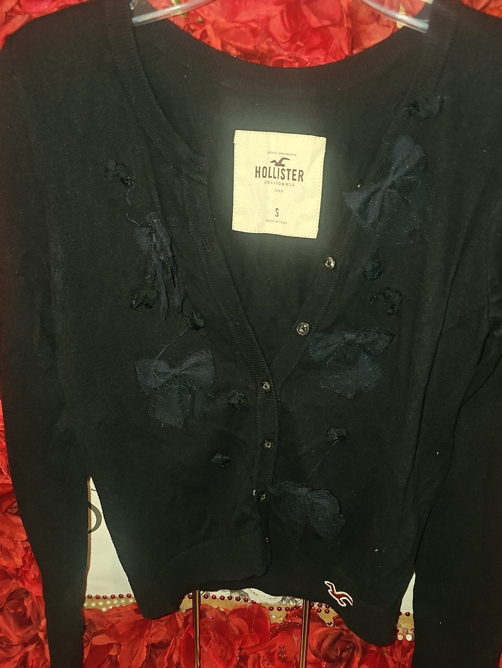 Hollister Navy Lace Bow-Applique V-Neck Cardigan Size Small (SOME BOWS MISSING)